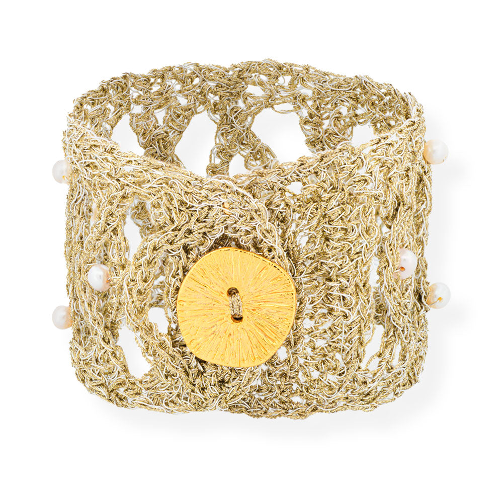 Handmade Gold Plated Crochet Bracelet with Pearls - Anthos Crafts