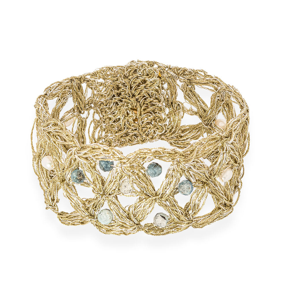 Χειροποίητο Επίχρυσο Πλεκτό Βραχιόλι με Μαργαριτάρια & Ακουαμαρίνες