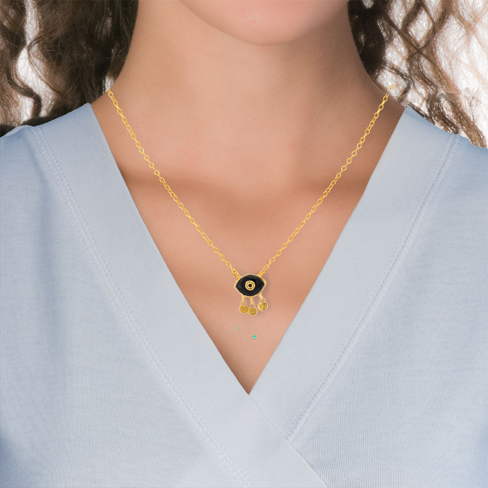 Handmade Short Gold Plated Silver Chain Necklace With Black Enamel Evil Eye - Anthos Crafts