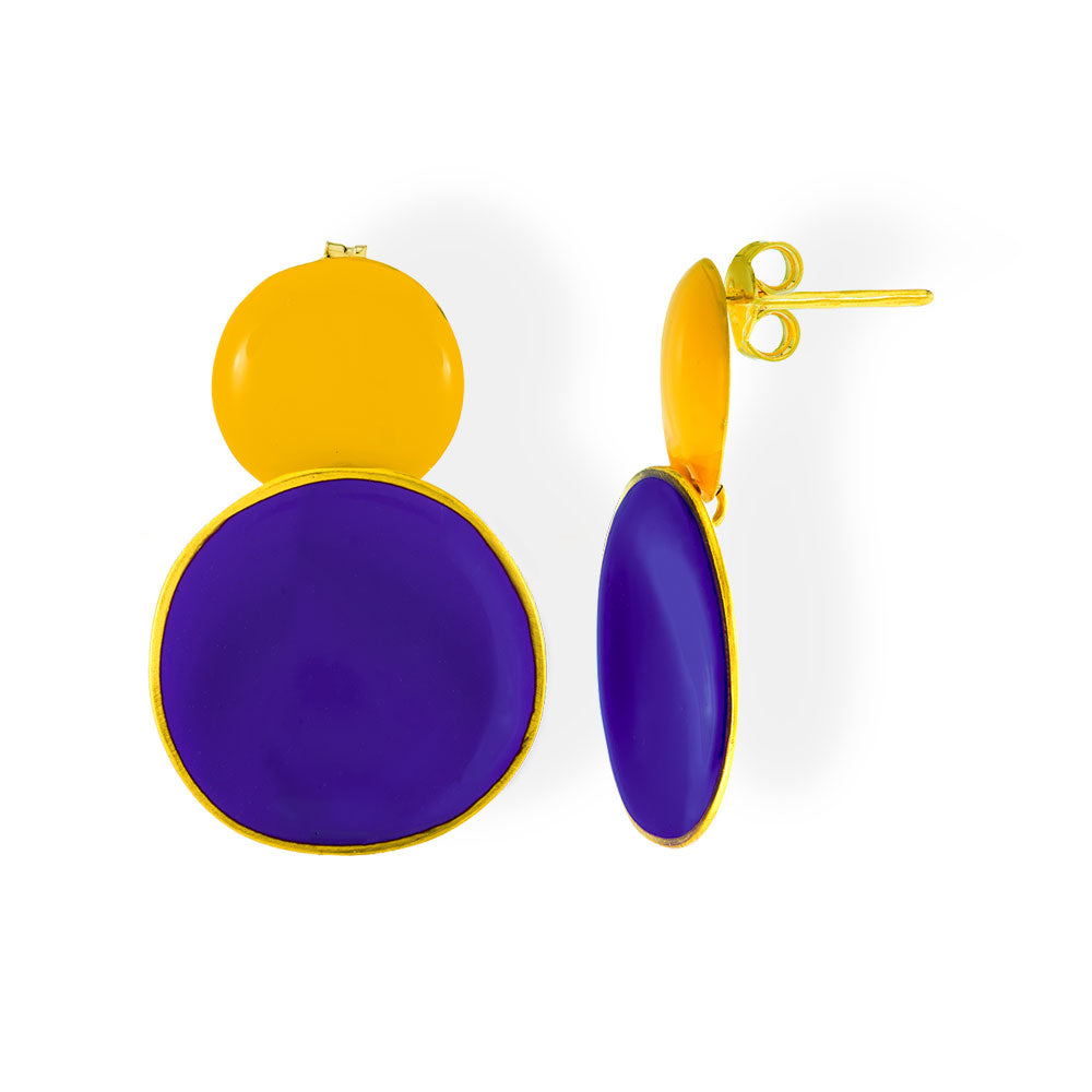 Handmade Gold Plated Silver Dangle Earrings with Yellow & Purple Enamel - Anthos Crafts