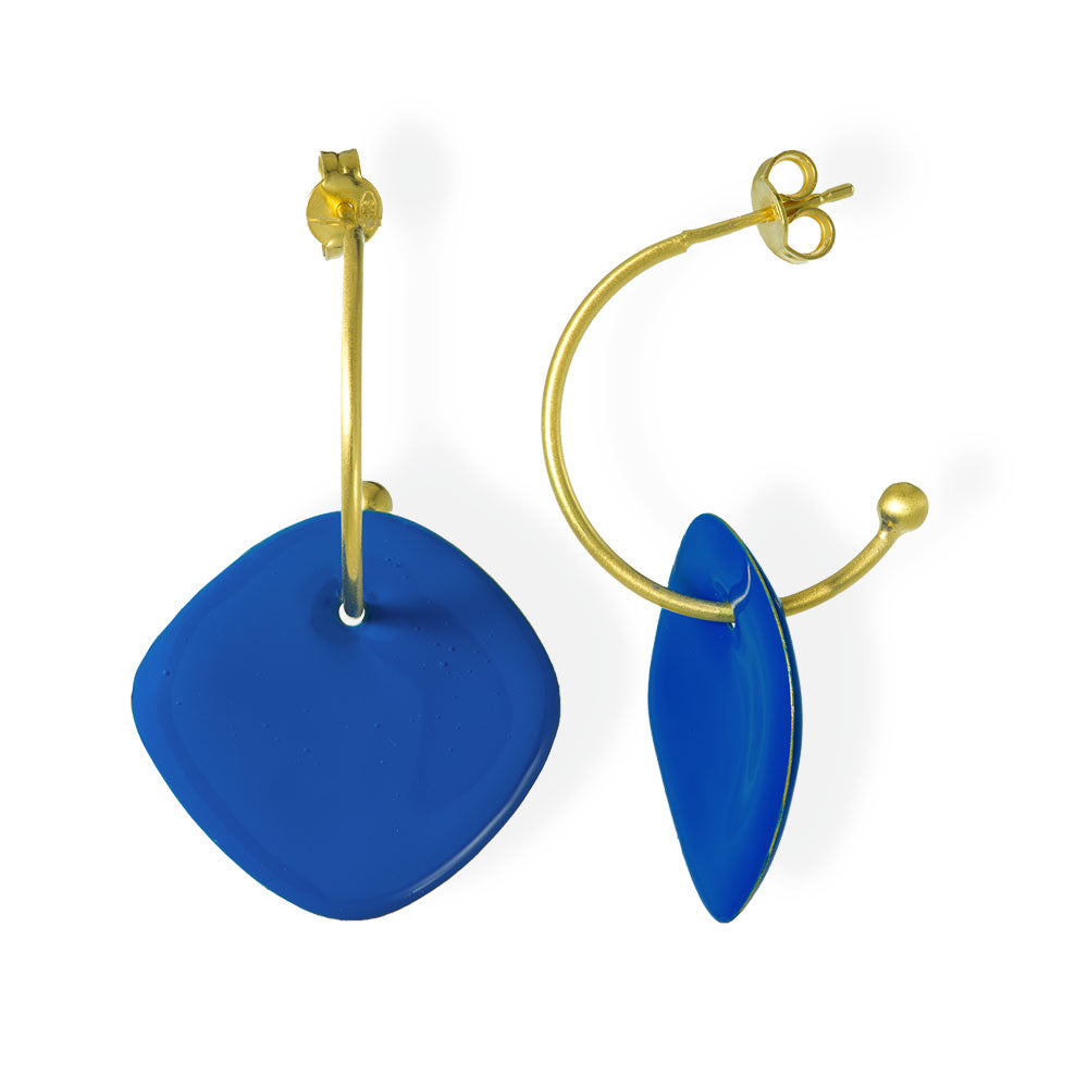Handmade Gold Plated Silver Hoop Earrings with Enamel Electric Blue - Anthos Crafts