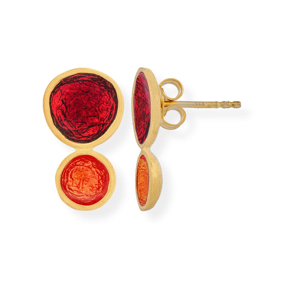 Handmade Gold Plated Silver Stud Earrings with Red & Orange Enamel Pebbles - Anthos Crafts