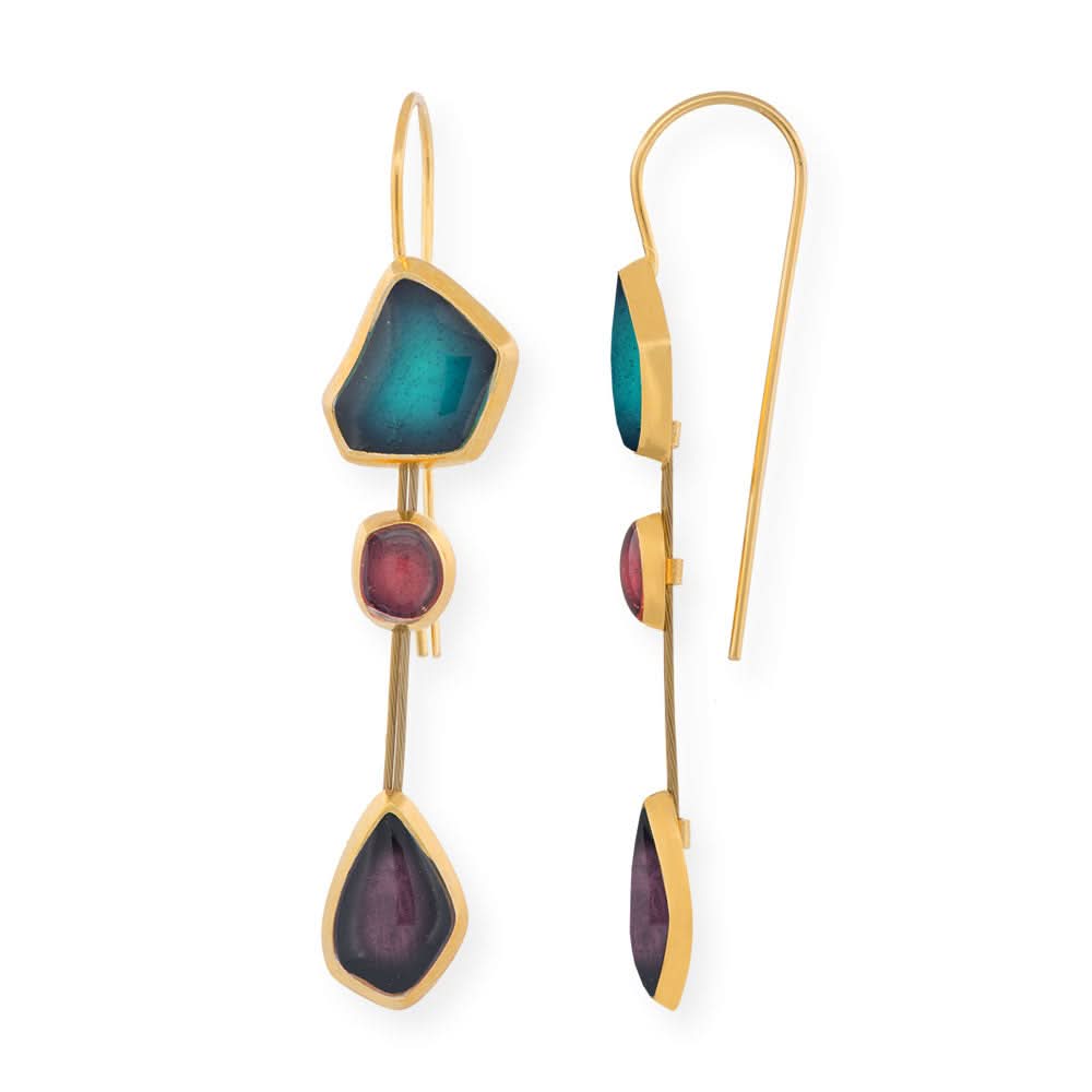 Handmade Gold Plated Silver Drop Earrings with Green, Red & Purple Enamel Seaglass - Anthos Crafts