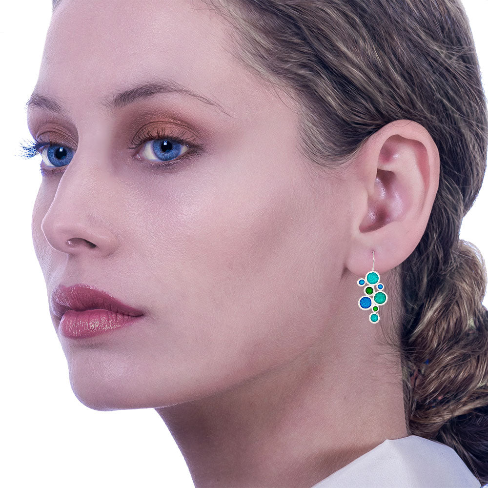 Handmade Silver Drop Earrings with Shades Of Turquoise Enamel Bubbles - Anthos Crafts