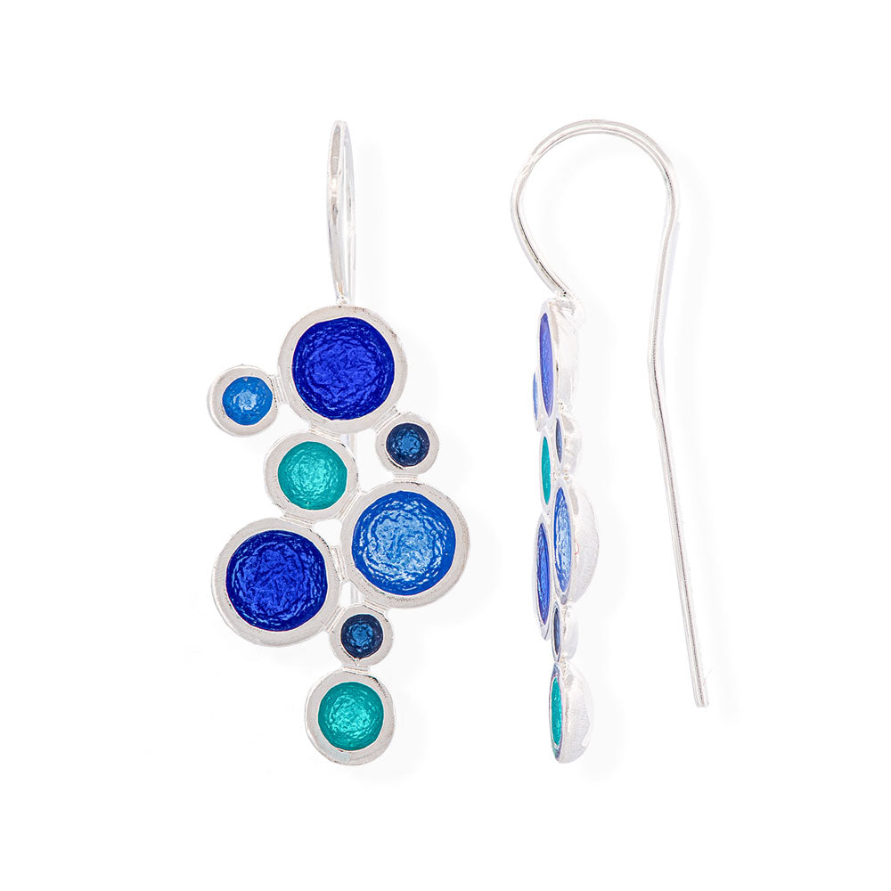 Handmade Silver Drop Earrings with Shades Of Blue & Turquoise Enamel Bubbles - Anthos Crafts