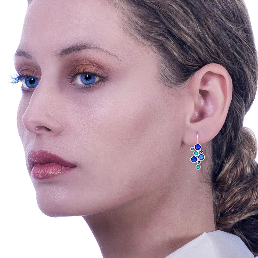 Handmade Silver Drop Earrings with Shades Of Blue & Turquoise Enamel Bubbles - Anthos Crafts