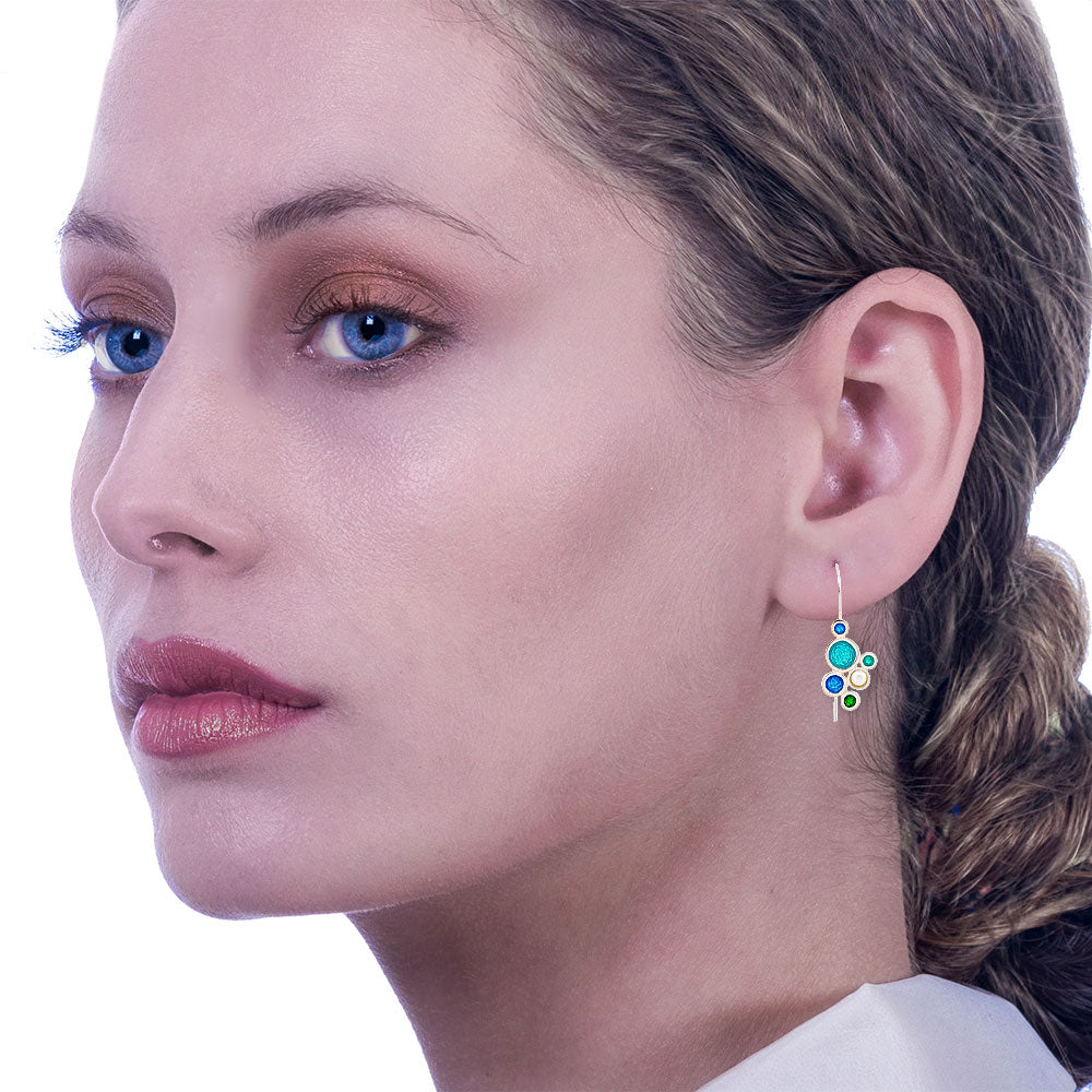 Handmade Silver Drop Earrings with Shades Of Blue, Green & Turquoise Enamel Bubbles With Pearl - Anthos Crafts