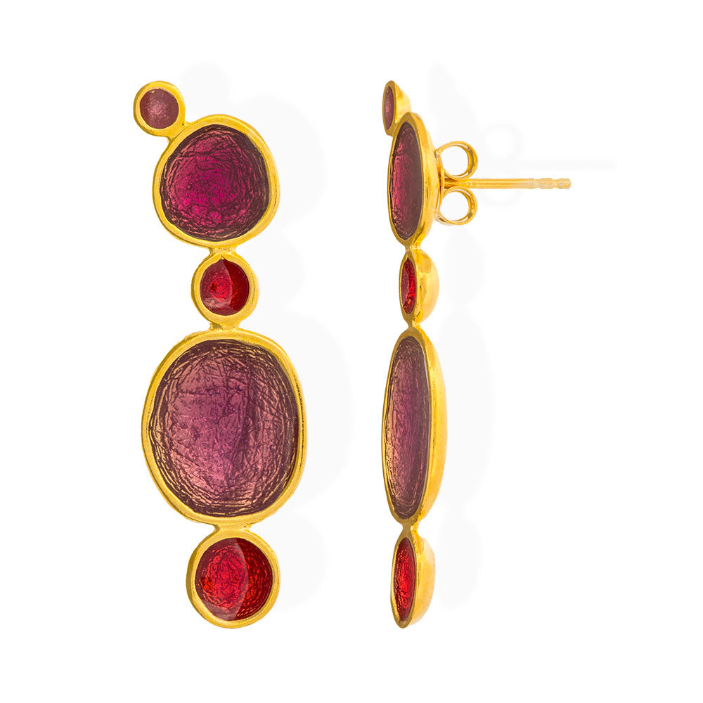 Χειροποίητα Επίχρυσα Ασημένια Σκουλαρίκια με Σμάλτο σε Αποχρώσεις του Κόκκινου Pebbles