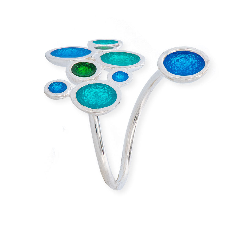 Handmade Silver Enamel Ring Blue, Green & Turquoise Bubbles - Anthos Crafts