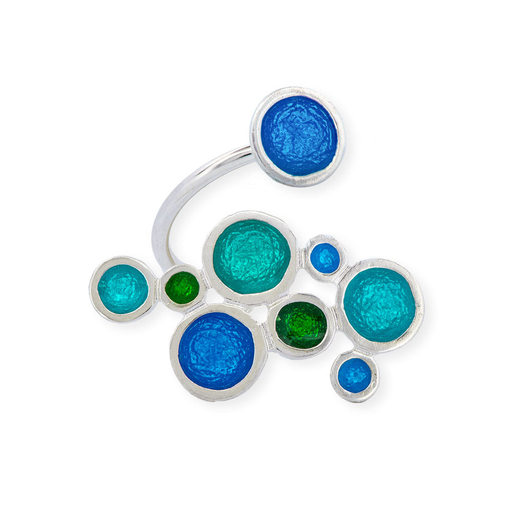 Handmade Silver Enamel Ring Blue, Green & Turquoise Bubbles - Anthos Crafts