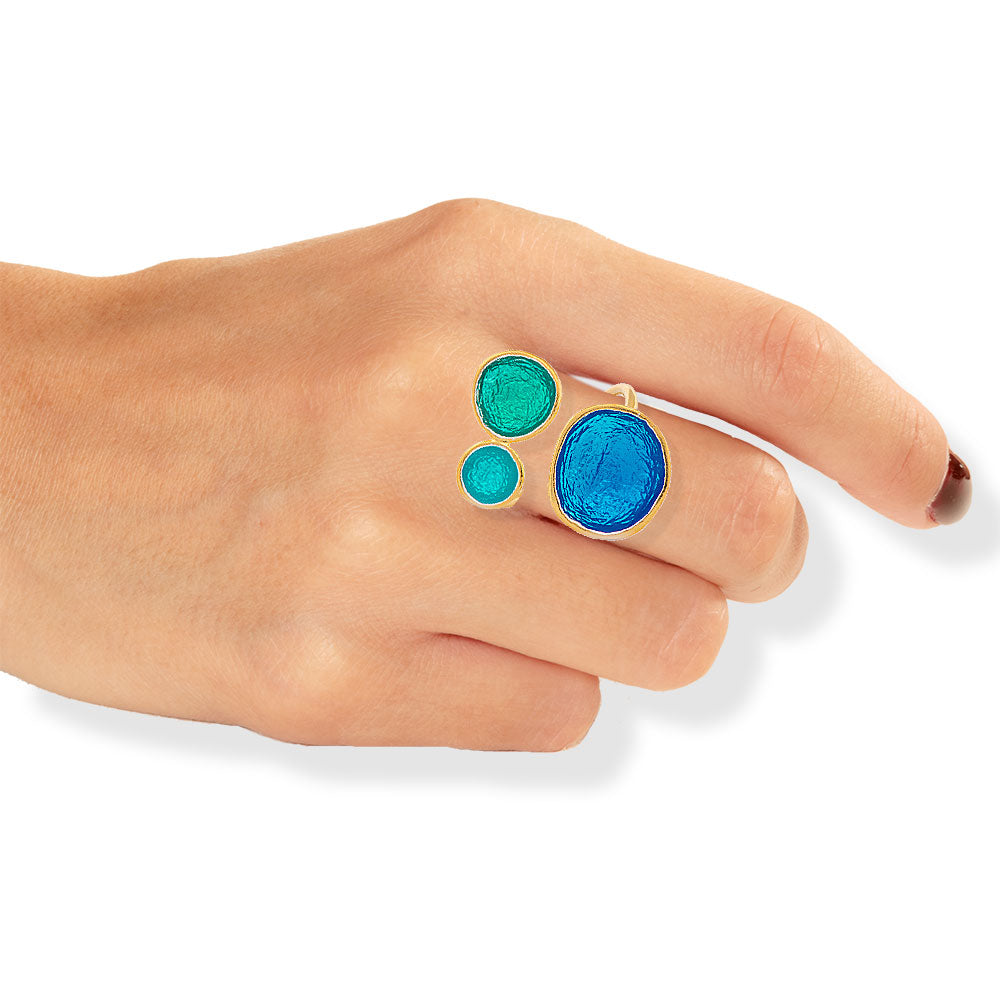 Handmade Gold Plated Silver Enamel Ring Turquoise & Green Pebbles - Anthos Crafts
