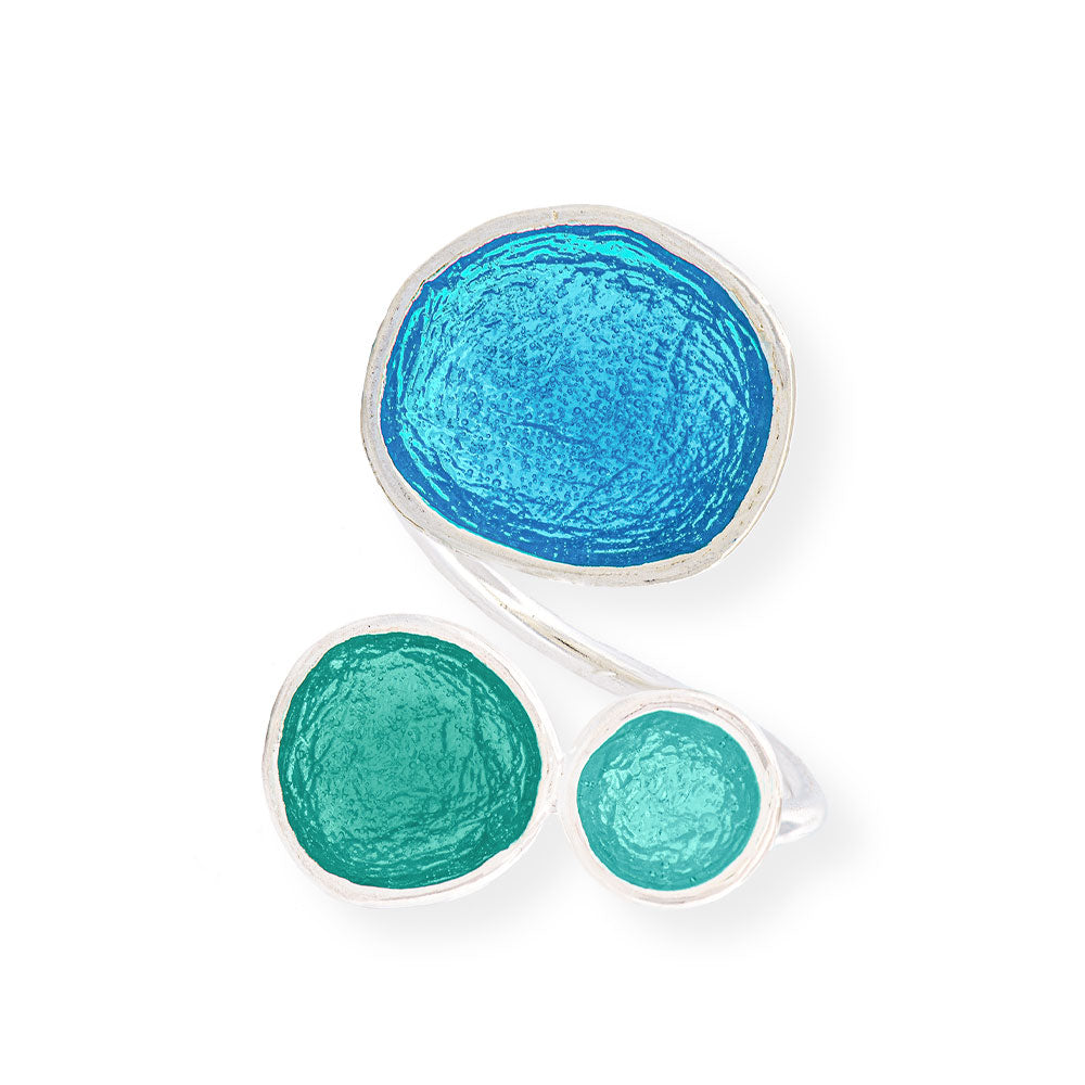 Handmade Silver Enamel Ring Turquoise & Green Pebbles - Anthos Crafts