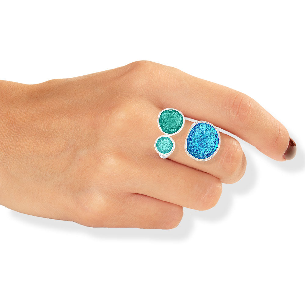 Handmade Silver Enamel Ring Turquoise & Green Pebbles - Anthos Crafts