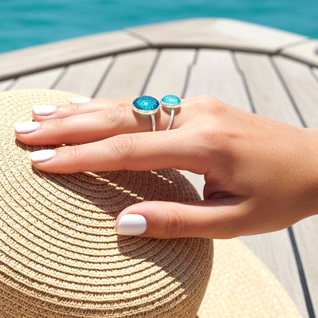 Handmade Silver Enamel Ring Shades Of Green Pebbles - Anthos Crafts