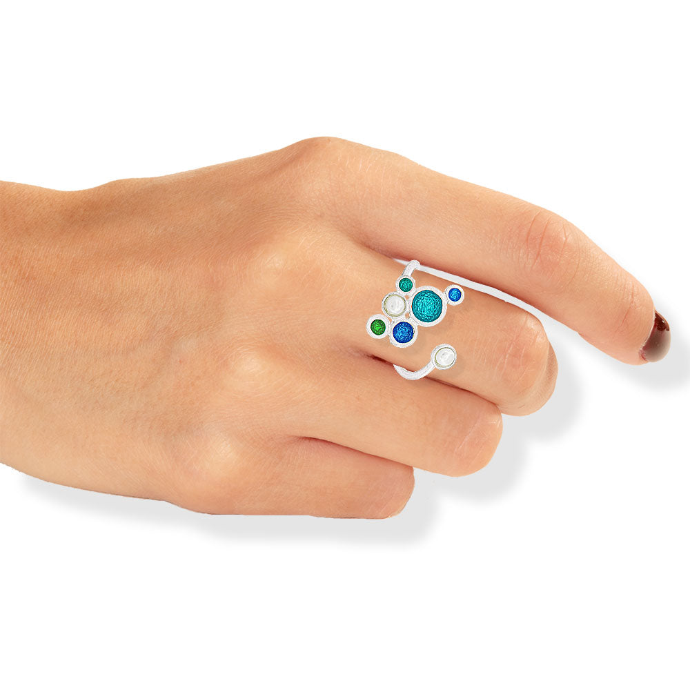Handmade Silver Enamel Ring Blue, Green & Turquoise Bubbles With Pearls - Anthos Crafts