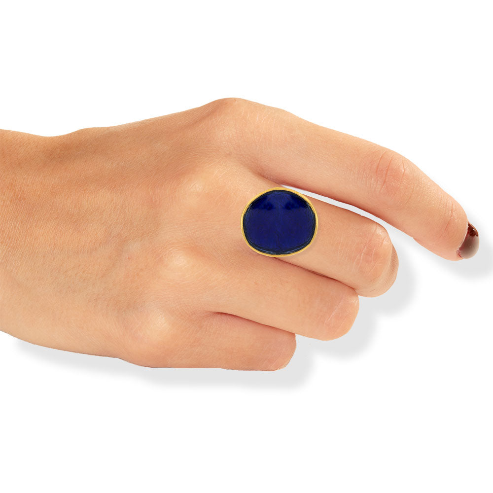 Handmade Gold Plated Silver Enamel Ring Electric Blue Pebble - Anthos Crafts
