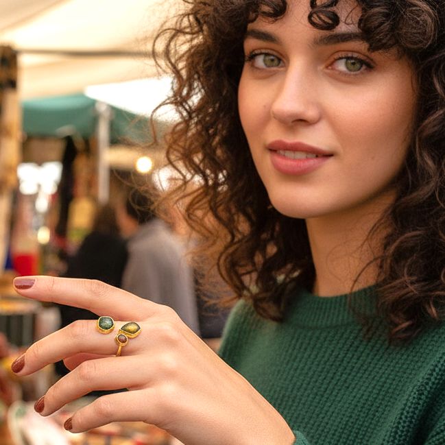 Handmade Gold Plated Silver Enamel Ring Green & Orange Seaglass