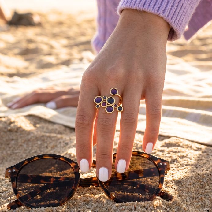 Gold Plated Silver Enamel Ring Purple & Green Bubbles