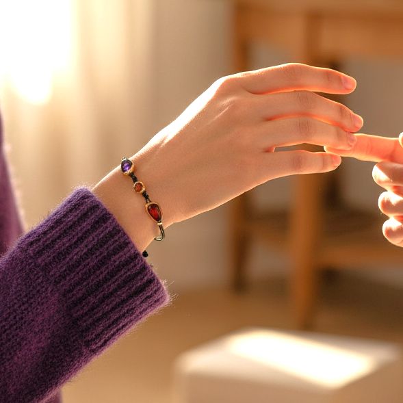 Handmade Black Bracelet With Gold Plated Silver Enamel Elements Red, Orange & Purple Seaglass