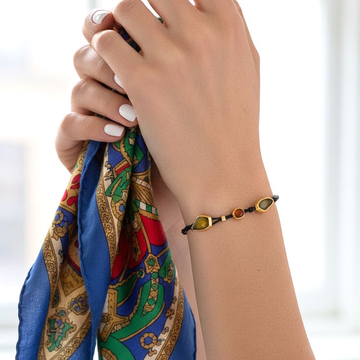 Handmade Black Bracelet With Gold Plated Silver Enamel Elements Green & Orange Seaglass - Anthos Crafts