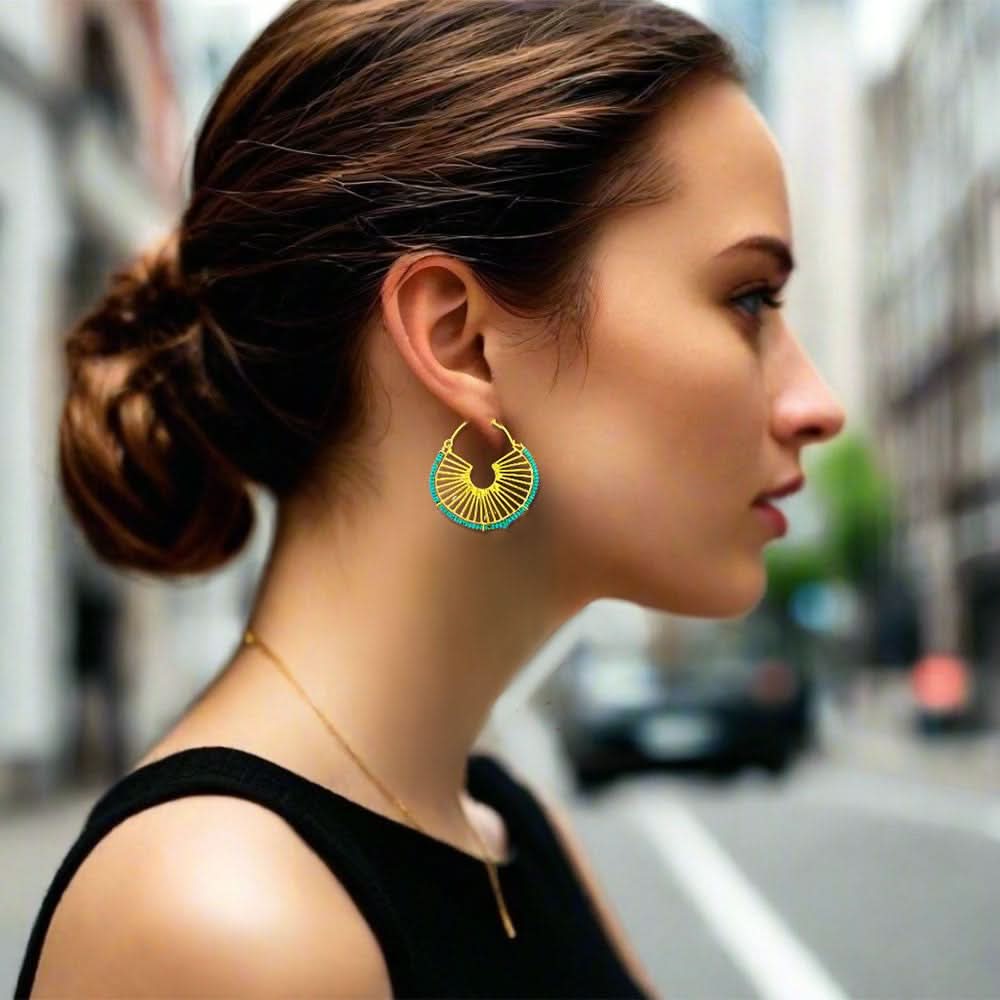 Handmade Gold Plated Earrings With Turquoise Gemstones Waves - Anthos Crafts