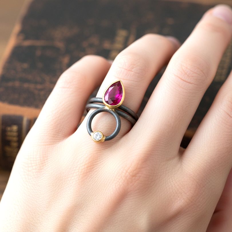 Handmade Gold & Black Plated Silver Ring With Red Zircon Tear - Anthos Crafts