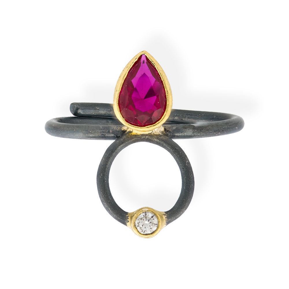 Handmade Gold & Black Plated Silver Ring With Red Zircon Tear - Anthos Crafts