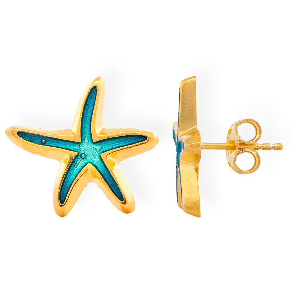 Handmade Gold Plated Silver Stud Earrings Starfish with Turquoise Enamel - Anthos Crafts