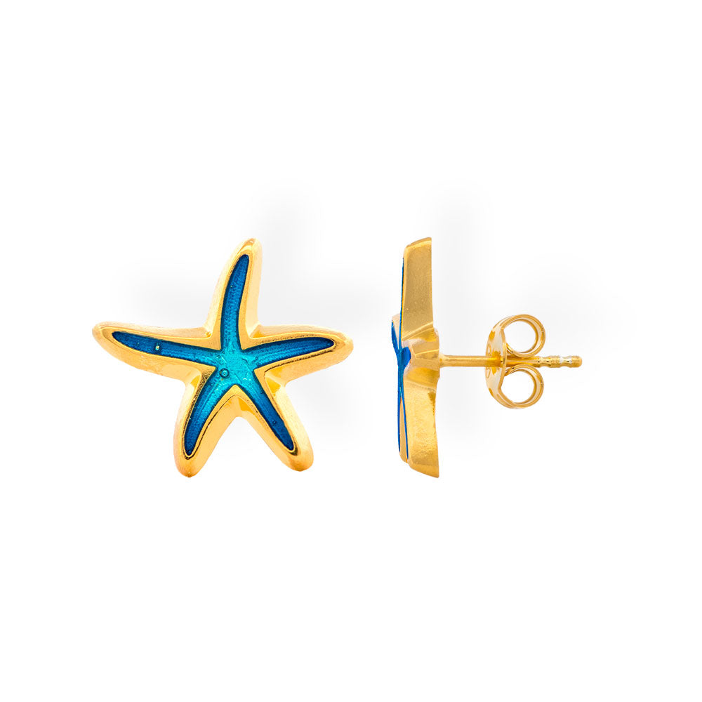 Handmade Gold Plated Silver Stud Earrings Starfish with Blue Enamel - Anthos Crafts
