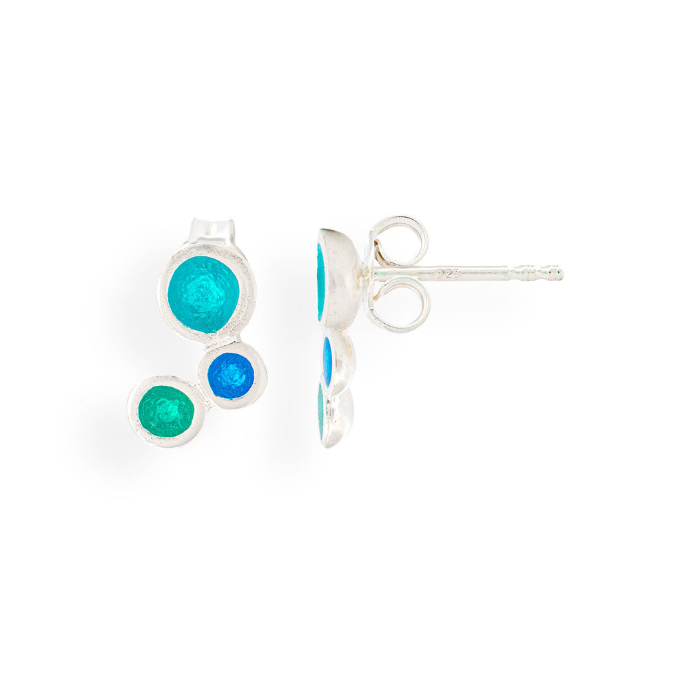 Handmade Silver Stud Earrings with Blue, Green & Turquoise Enamel Bubbles - Anthos Crafts