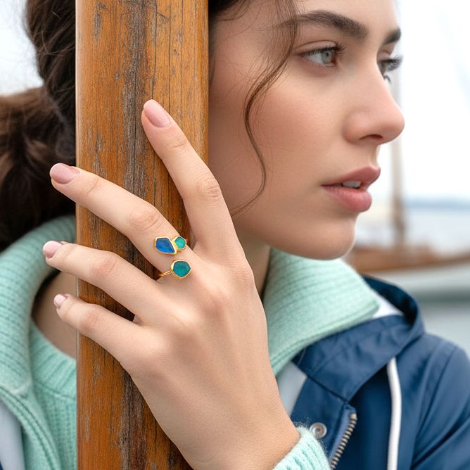 Handmade Gold Plated Silver Enamel Ring Green & Blue Seaglass - Anthos Crafts