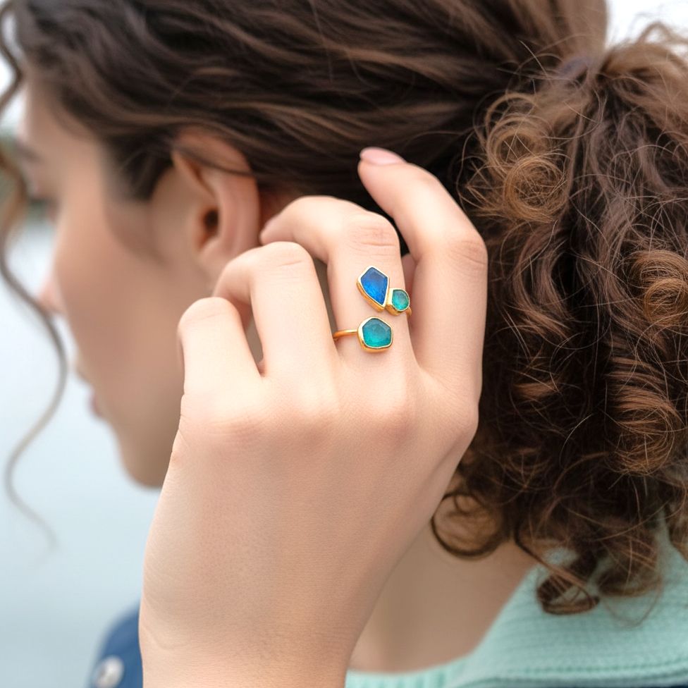 Handmade Gold Plated Silver Enamel Ring Green & Blue Seaglass - Anthos Crafts