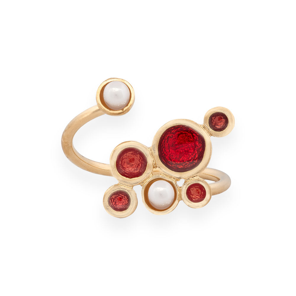Gold Plated Silver Red & Orange Enamel Ring With Pearls