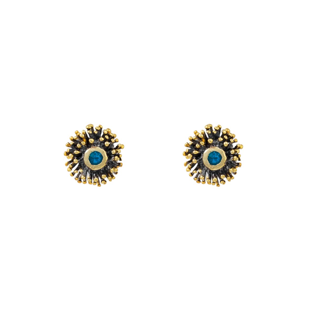 Handmade Gold & Black Silver Stud Earrings Urchins With Blue Zircons - Anthos Crafts