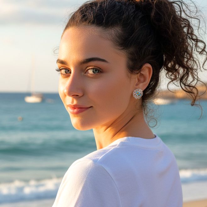 Handmade Silver Stud Earrings Corals With Zircons - Anthos Crafts