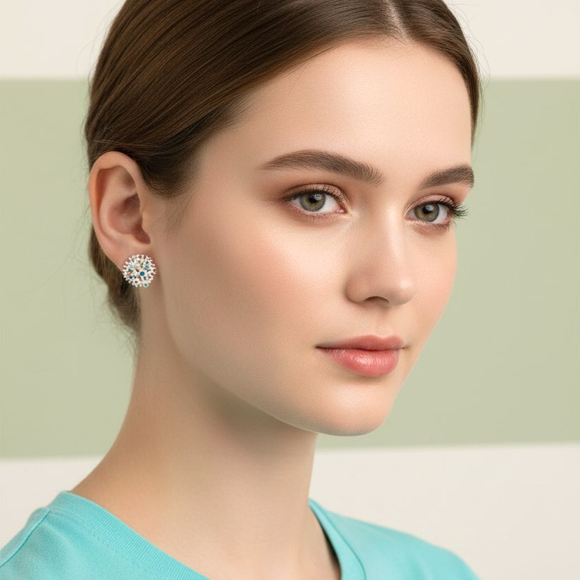 Handmade Silver Stud Earrings Corals With Zircons - Anthos Crafts