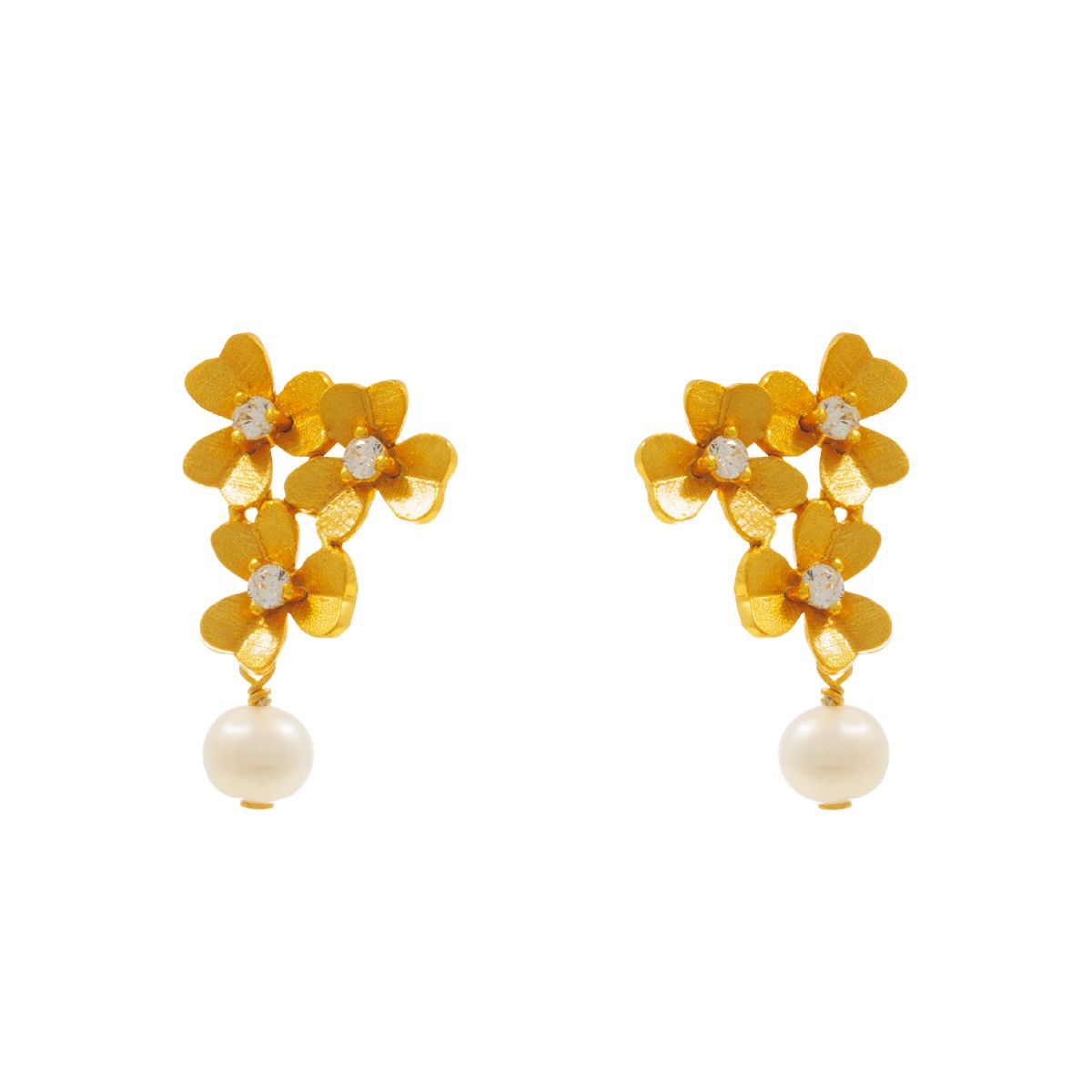 Handmade Gold Plated Silver Stud Earrings Little Flowers With Zircons & Pearls