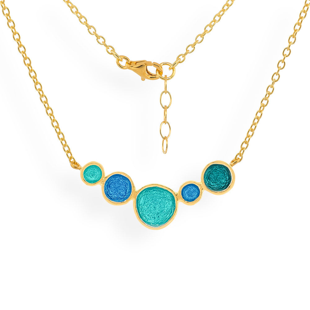 Handmade Gold Plated Silver Necklace with Turquoise Shades Enamel Pendant 5 Pebbles - Anthos Crafts