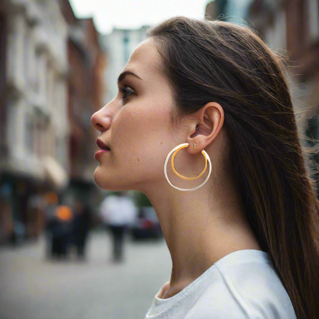 Handmade Gold & Silver Hoop Earrings Double Circles - Anthos Crafts