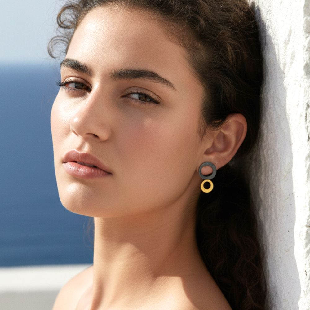 Handmade Gold & Black Plated Silver Stud Earrings Double Irregular Circles - Anthos Crafts