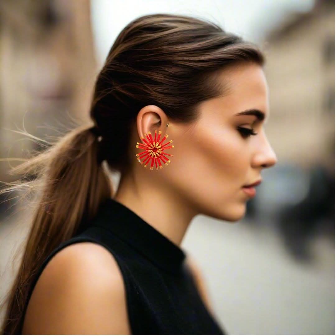 Satin Pleated Stud Earrings Bloom Watermelon Red Gold BL-E-RE - Anthos Crafts