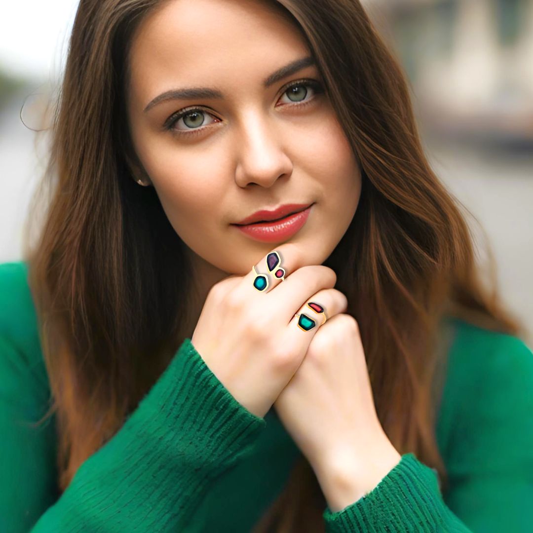 Handmade Gold Plated Silver Enamel Ring Green, Purple & Red Seaglass - Anthos Crafts