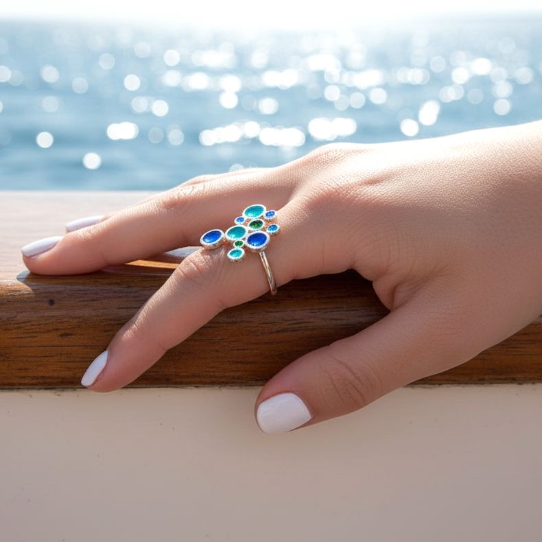 Handmade Silver Enamel Ring Blue, Green & Turquoise Bubbles - Anthos Crafts