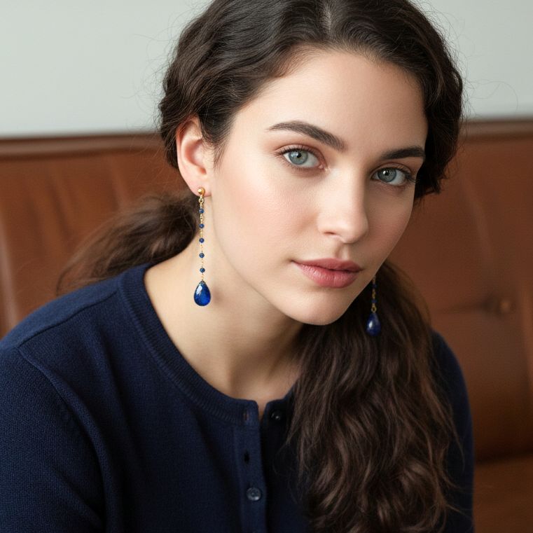 Handmade Gold Plated Silver Dangle Earrings With Lapis - Anthos Crafts