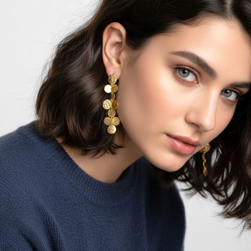 Handmade Gold Plated Silver Dangle Earrings Hammered Coins - Anthos Crafts