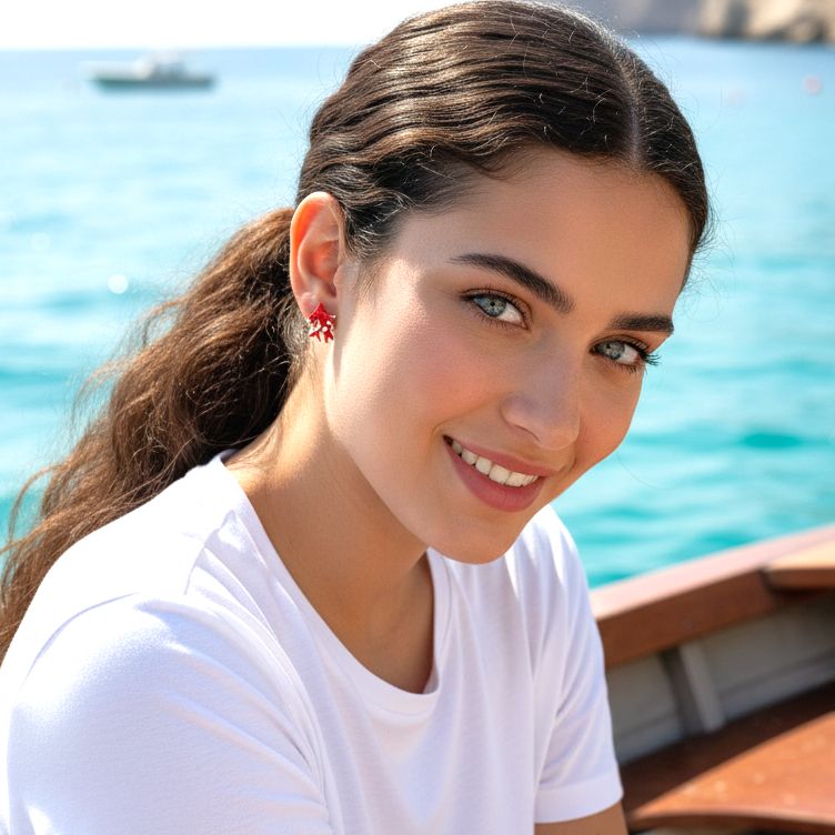 Handmade Silver Stud Earrings Red Small Corals - Anthos Crafts