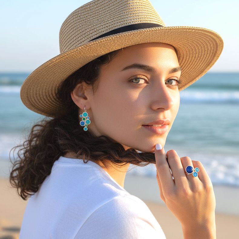 Handmade Silver Drop Earrings with Shades Of Turquoise Enamel Bubbles - Anthos Crafts
