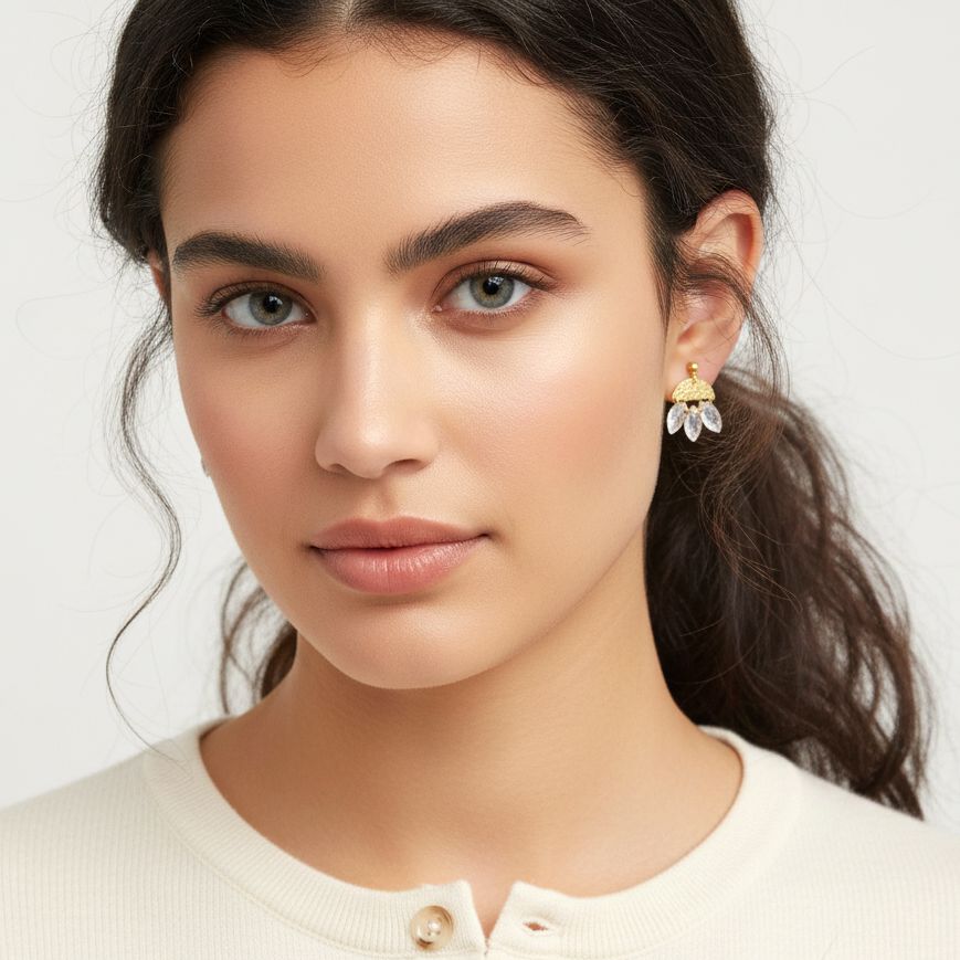 Handmade Gold Plated Silver Dangle Earrings With 3 Moonstones - Anthos Crafts