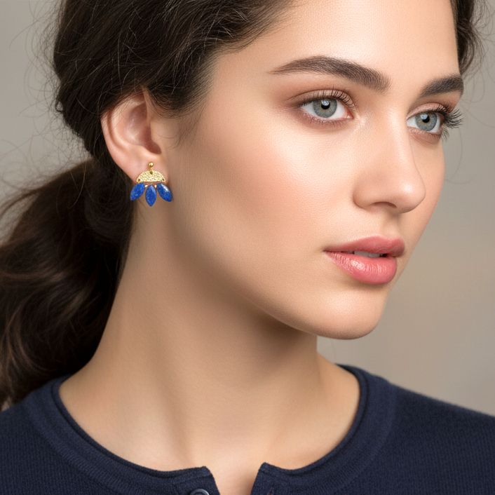 Handmade Gold Plated Silver Dangle Earrings With 3 Lapis Stones - Anthos Crafts