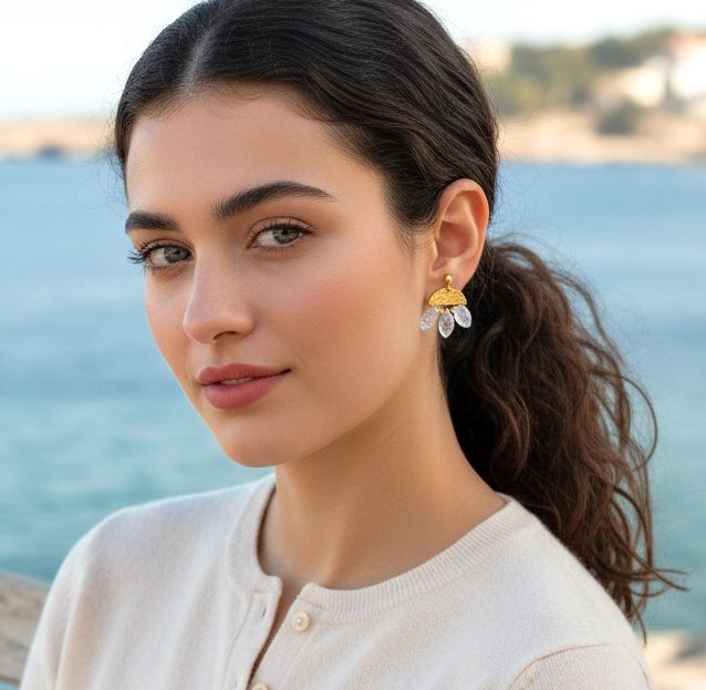 Handmade Gold Plated Silver Dangle Earrings With 3 Moonstones - Anthos Crafts